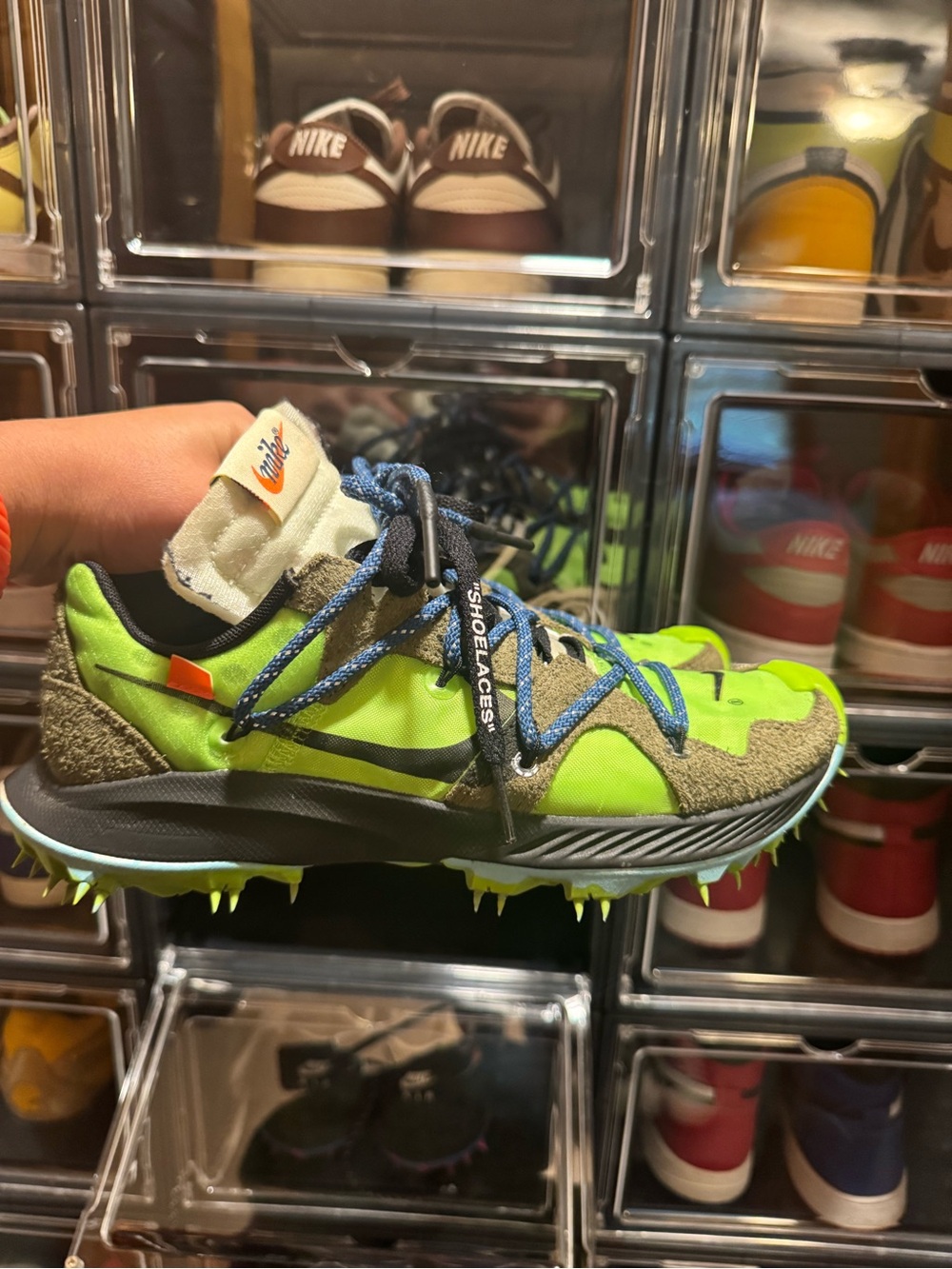 Nike Kids Neon Green and Blue Trail Sneaker with Spike Outsole